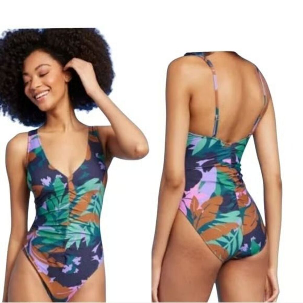 Shade & Shore Floral Shirred One Piece Swimsuit - Womens size 16 - NEW - Picture 1 of 4